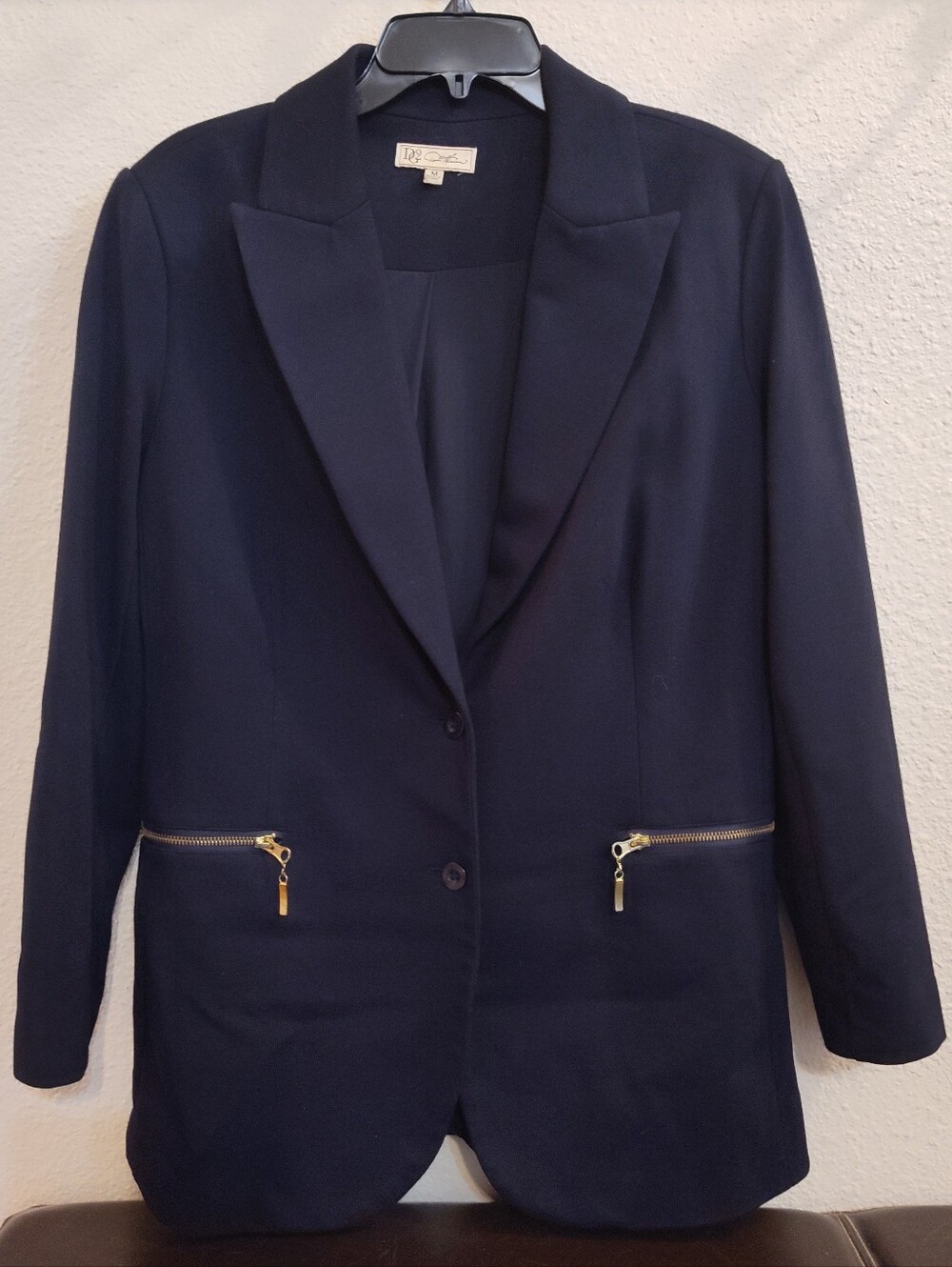 DG2 Diane Gilman Navy Ponte Boyfriend Blazer Med 2-Button Zipper Pockets Stretch